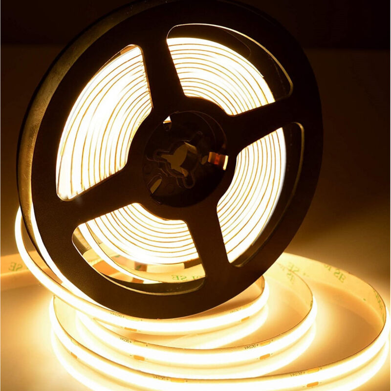 foto del prodotto nastro led 5m cob 12v bianco caldo 3000k trasformatore adesivo e fissaggi forniti