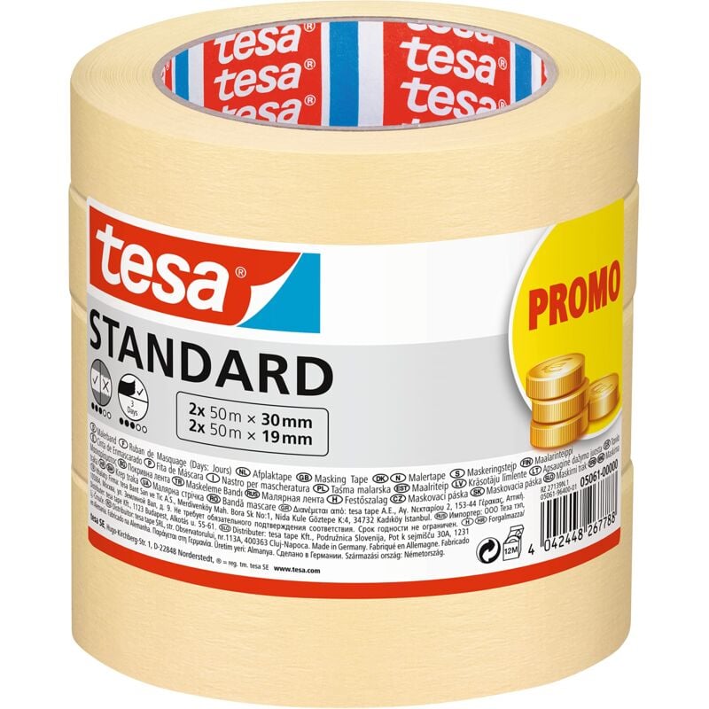 foto del prodotto nastro per mascheratura standard - nastro in carta per mascheratura, rimozione senza residui per 3 giorni, senza solventi, 2x 50 m x 19 mm + 2x 50m x