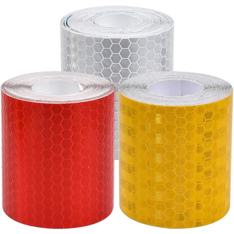 foto del prodotto nastro riflettente, nastro adesivo di sicurezza, 3 rotoli di nastro di avvertimento, adesivi riflettenti per veicoli, biciclette, caschi e