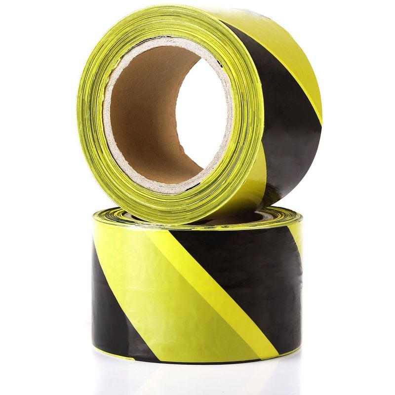 foto del prodotto nastro segnaletico giallo nero in polietilene 200m x 70mm modello scatola da 2 pezzi