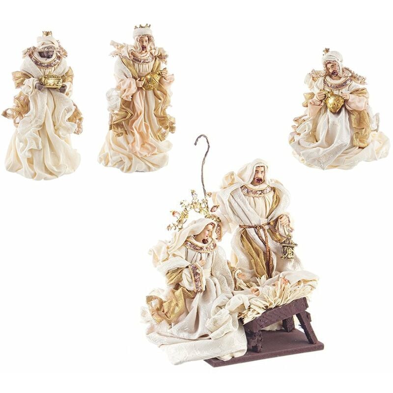 foto del prodotto natività completa con 6 soggetti statue per presepe vestiti in tessuto panna e oro h 28 cm