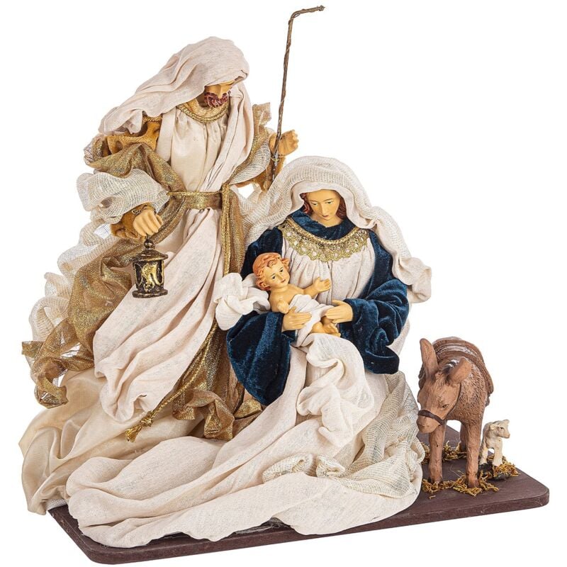 foto del prodotto nativit con asino con vestiti in tessuto color blu oro statue per presepe