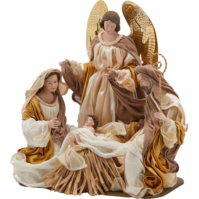 foto del prodotto nativit king con angeli vestiti in tessuto avorio e oro per presepe natalizio da 43 cm