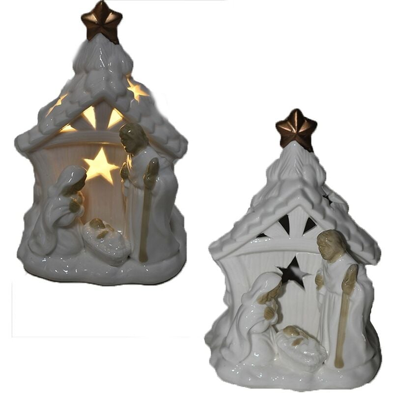 foto del prodotto nativit sacra famiglia in porcellana albero di natale capanna luce bianco caldo statuine presepe decorazioni addobbi natalizie