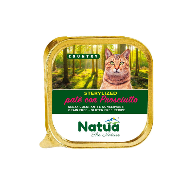foto del prodotto natua country cat adult sterilised patè grain free 100 gr - prosciutto - confezione da 34 pezzi - 1 ordine scegli lo sconto bzr5 bzr20 200 punti fedeltà