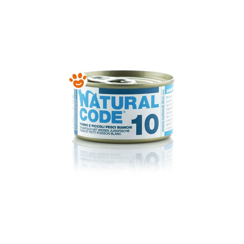 foto del prodotto natural code 10 cat adult al tonno e piccoli pesci bianchi natural code 10 cat adult al tonno e piccoli pesci bianchi lattina da 85 gr