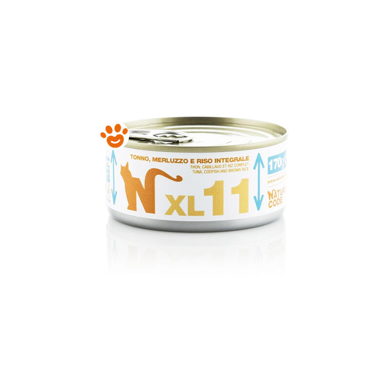 foto del prodotto natural code 11 cat adult xl tonno, merluzzo e riso integrale 11 cat adult xl tonno, merluzzo e riso integrale lattina da 170 gr