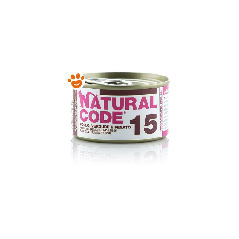 foto del prodotto natural code 15 cat adult al pollo, verdure e fegato 15 cat adult al pollo, verdure e fegato lattina da 85 gr