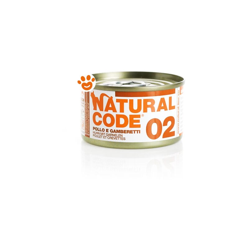 foto del prodotto natural code 2 cat adult al pollo e gamberetti natural code 2 cat adult al pollo e gamberetti lattina da 85 gr