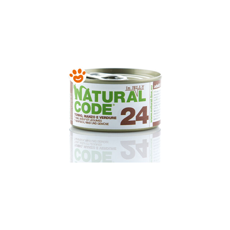 foto del prodotto natural code 24 cat adult al tonno, manzo e verdure in jelly 24 cat adult al tonno, manzo e verdure in jelly lattina da 85 gr