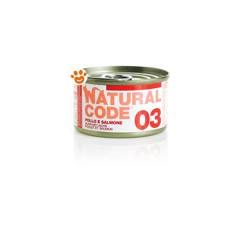 foto del prodotto natural code 3 cat adult al pollo e salmone natural code 3 cat adult al pollo e salmone lattina da 85 gr