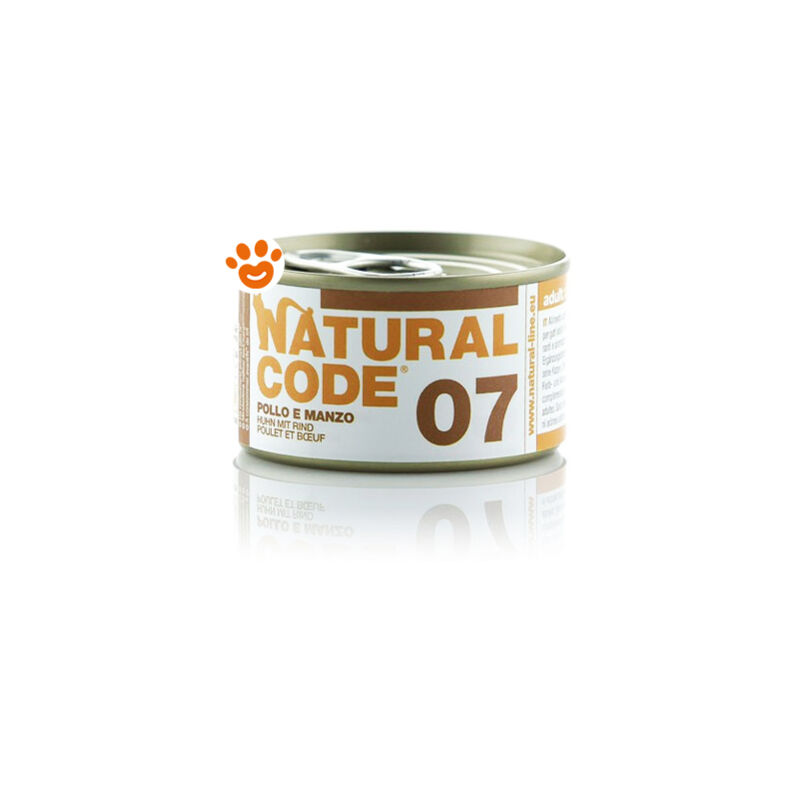 foto del prodotto natural code 7 cat adult al pollo e manzo 7 cat adult al pollo e manzo lattina da 85 gr