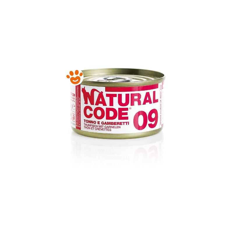 foto del prodotto natural code 9 cat adult al tonno e gamberetti 9 cat adult al tonno e gamberetti lattina da 85 gr