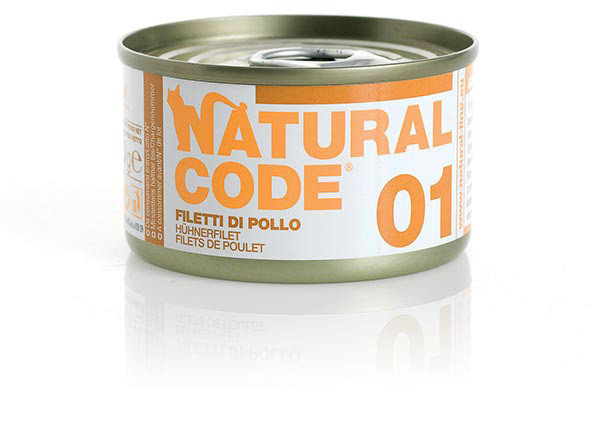 foto del prodotto natural code acqua di cottura 85 gr - 01 - filetti di pollo - confezione da 24 pezzi - cibo umido per gatti - 1 ordine scegli lo sconto bzr5 bzr20 200 punti fedeltà