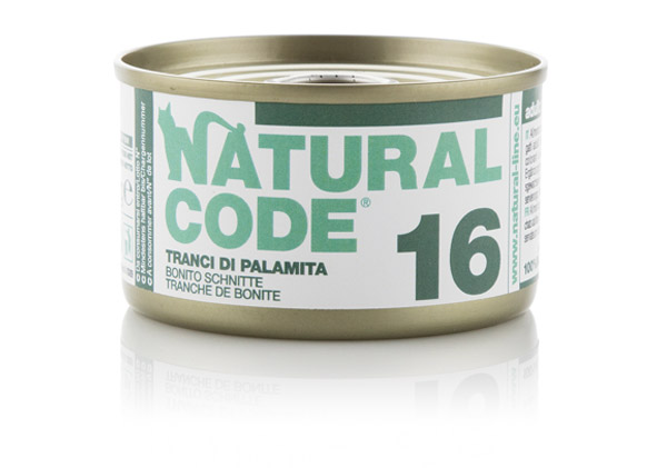 foto del prodotto natural code acqua di cottura 85 gr - 16 - carne bianca di palamita - confezione da 24 pezzi - cibo umido per gatti - 1 ordine scegli lo sconto bzr5 bzr20 200 punti fedeltà
