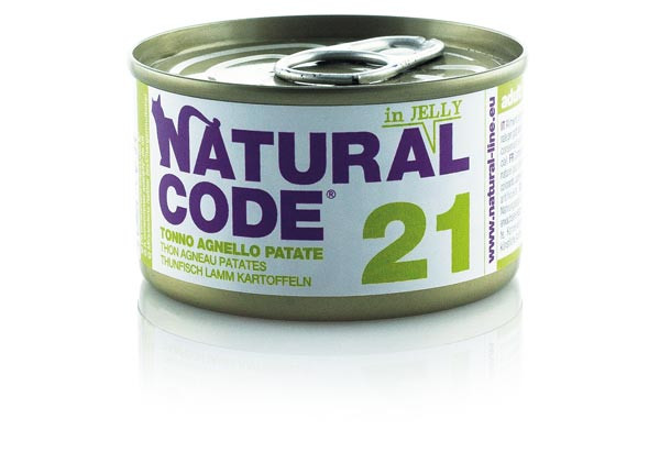 foto del prodotto natural code acqua di cottura in jelly 85 gr 21 tonno, agnello e patate confezione da 24 pezzi cibo umido per gatti 1 ordine scegli lo sconto bzr5 bzr20 200 punti fedelt 