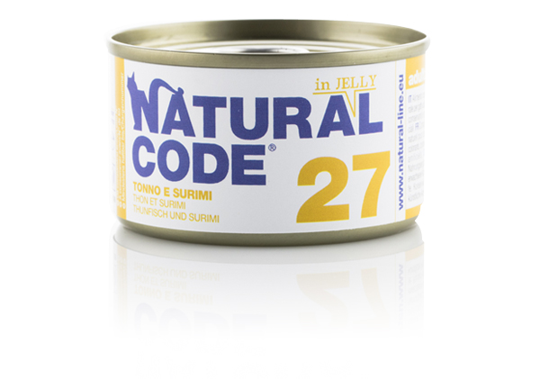 foto del prodotto natural code acqua di cottura in jelly 85 gr - 27 - tonno e surimi - confezione da 24 pezzi - cibo umido per gatti - spedizione gratis da 39€