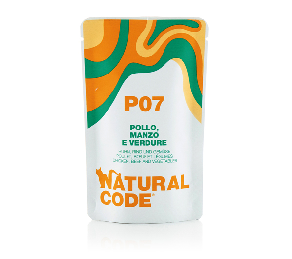 foto del prodotto natural code adult buste in acqua di cottura 70 gr p07 pollo, manzo e verdure confezione da 24 pezzi cibo umido per gatti 1 ordine scegli lo sconto bzr5 bzr20 200 punti fedelt 