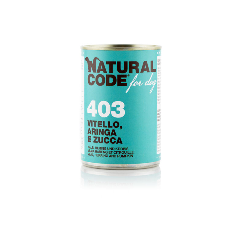 foto del prodotto natural code cane lattina 400gr 403 vitello aringa zucca