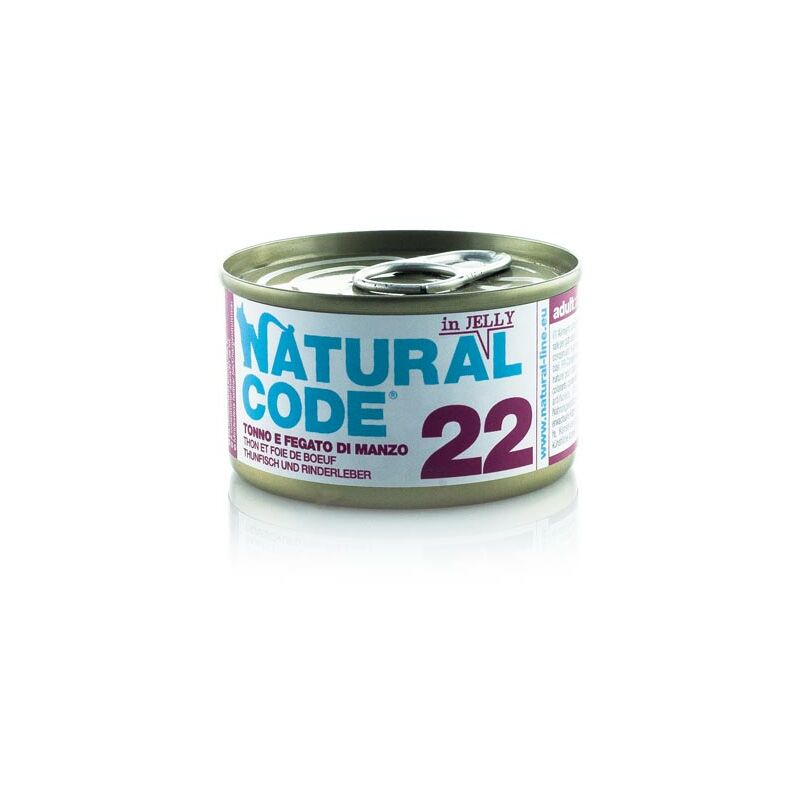foto del prodotto natural code gatto adulto, in lattina 85gr 22 tonno e fegato di manzo in jelly