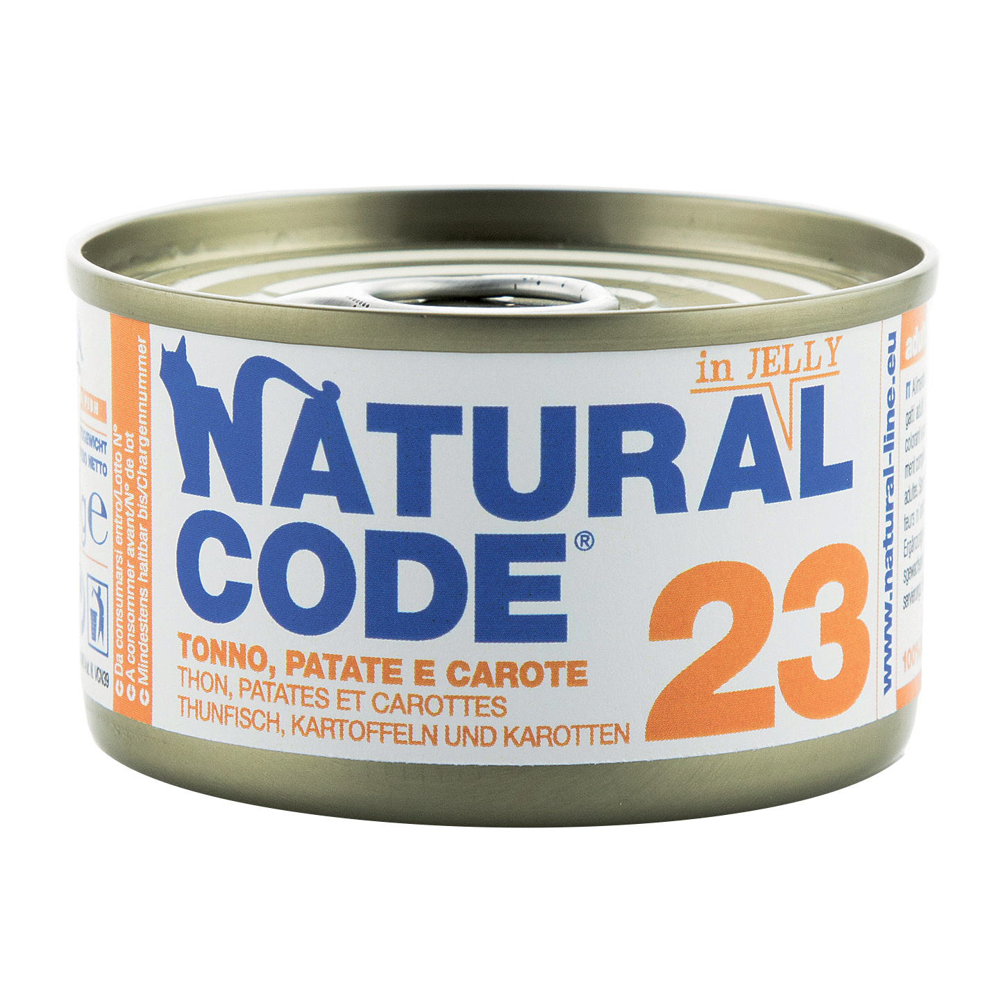 foto del prodotto natural code gatto adulto, in lattina 85gr 23 tonno patate e carote in jelly