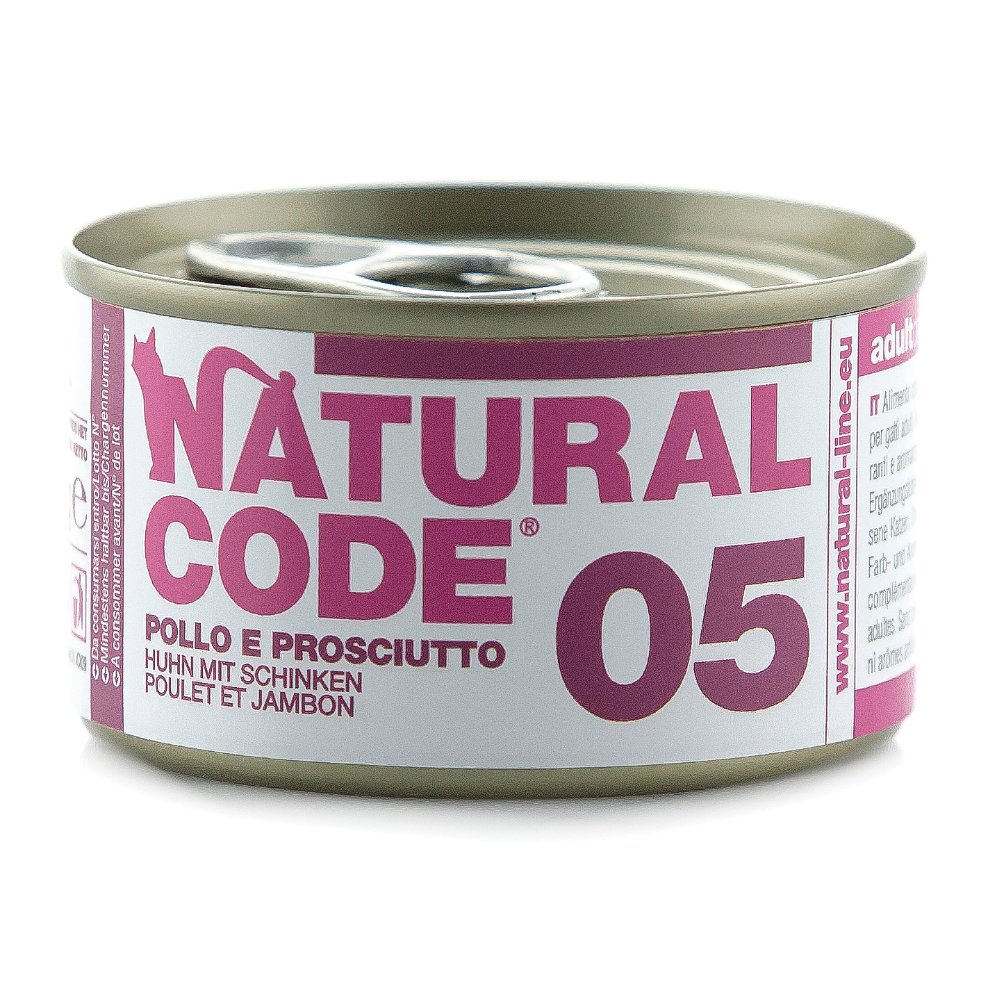 foto del prodotto natural code gatto lattina 05 adulto pollo amp prosciutto 85 gr