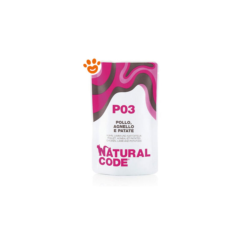 foto del prodotto natural code p03 cat adult al pollo, agnello e patate p03 cat adult al pollo, agnello e patate bustina da 70 gr