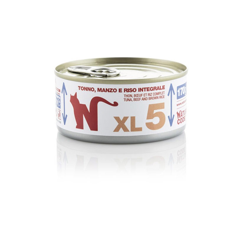 foto del prodotto natural code xl 170 gr - 05 - tonno, manzo e riso integrale - confezione da 24 pezzi - cibo umido per gatti - 1 ordine scegli lo sconto bzr5 bzr20 200 punti fedeltà