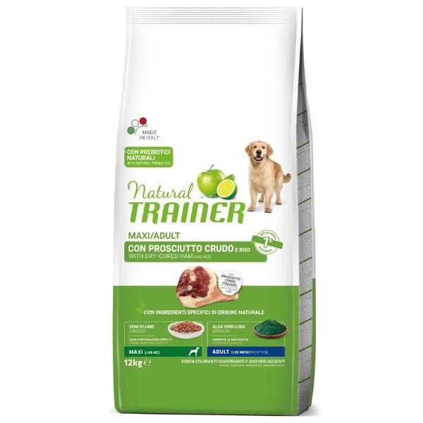 foto del prodotto natural trainer adult maxi con prosciutto crudo e riso - 12 kg - croccantini per cani - 1 ordine scegli lo sconto bzr5 bzr20 200 punti fedeltà