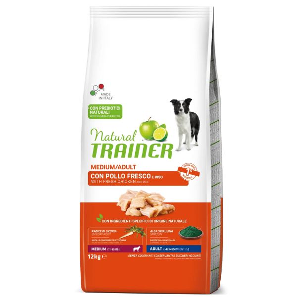 foto del prodotto natural trainer adult medium con pollo fresco e riso 12 kg croccantini per cani 1 ordine scegli lo sconto bzr5 bzr20 200 punti fedelt 
