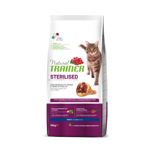 foto del prodotto natural trainer adult sterilised con prosciutto crudo 10 kg confezione da 2 pezzi croccantini per gatti 1 ordine scegli lo sconto bzr5 bzr20 200 punti fedelt 