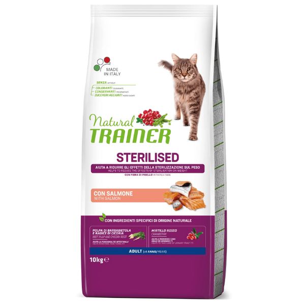 foto del prodotto natural trainer adult sterilised con salmone 10 kg croccantini per gatti 1 ordine scegli lo sconto bzr5 bzr20 200 punti fedelt 