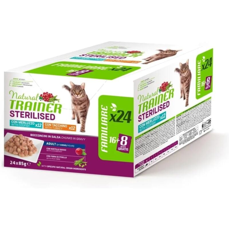 foto del prodotto natural trainer gatto 24x85gr sterilised tacchino merluzzo