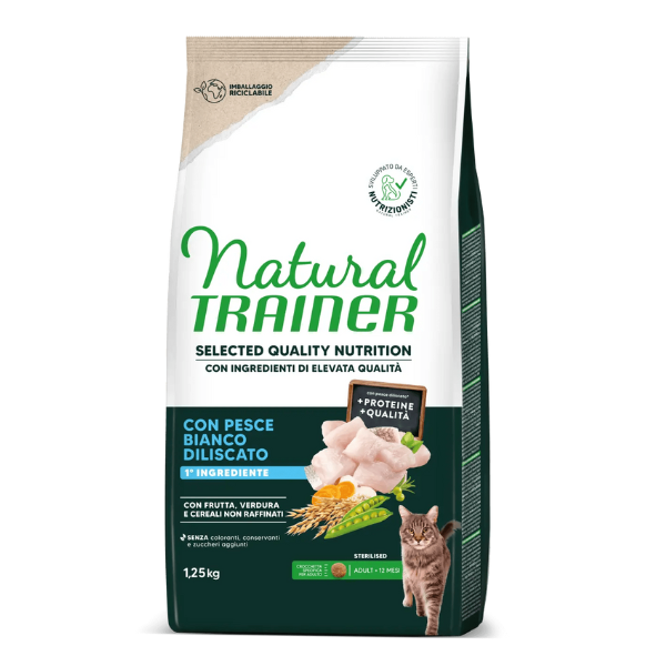 foto del prodotto natural trainer selected quality adult cat sterilised grain free pesce bianco 1,25 kg cibo monoproteico gatto 1 ordine scegli lo sconto bzr5 bzr20 200 punti fedelt 