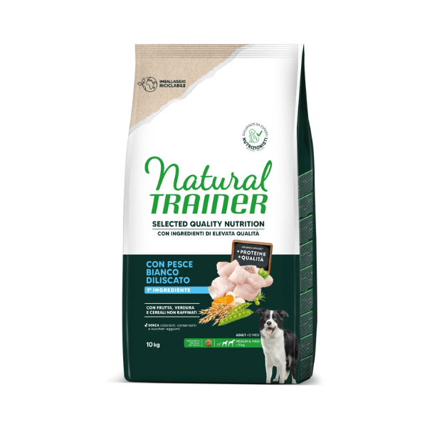foto del prodotto natural trainer selected quality adult medium e maxi con pesce bianco 10 kg croccantini per cani 1 ordine scegli lo sconto bzr5 bzr20 200 punti fedelt 