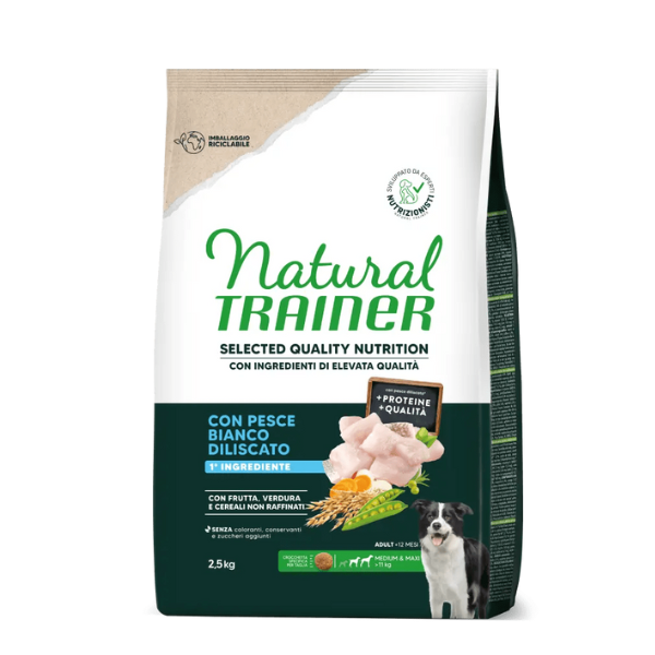 foto del prodotto natural trainer selected quality adult medium e maxi con pesce bianco 2,5 kg croccantini per cani 1 ordine scegli lo sconto bzr5 bzr20 200 punti fedelt 