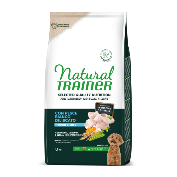 foto del prodotto natural trainer selected quality adult mini con pesce bianco 1,5 kg croccantini per cani 1 ordine scegli lo sconto bzr5 bzr20 200 punti fedelt 