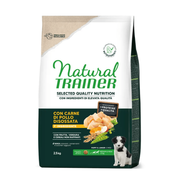 foto del prodotto natural trainer selected quality puppy medium e maxi con pollo 2,5 kg 1 ordine scegli lo sconto bzr5 bzr20 200 punti fedelt 