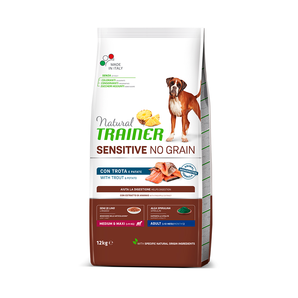 foto del prodotto natural trainer sensitive no grain adult medium maxi monoproteico con trota patate 12 kg