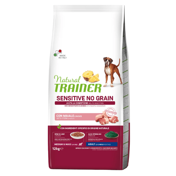 foto del prodotto natural trainer sensitive no grain medium &amp; maxi al maiale e patate - 12 kg - spedizione gratis da 39€