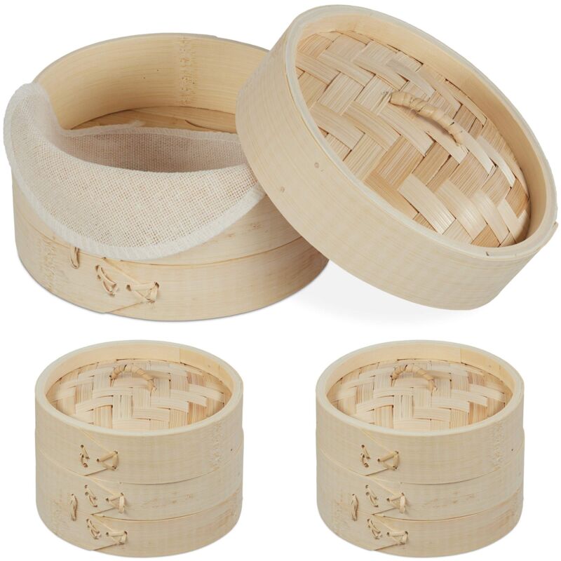 foto del prodotto naturale vaporiera cinese in bamb , cestello per cottura a vapore, 1 3 piani, per riso verdure, 13,5 cm, cotone relaxdays