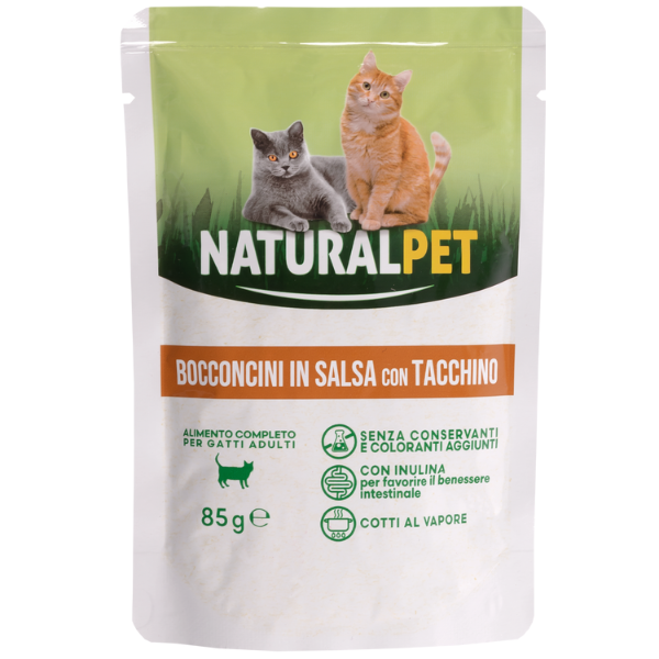foto del prodotto naturalpet cat adult bocconcini in salsa 85 gr - tacchino - confezione da 6 pezzi - spedizione gratis da 39€