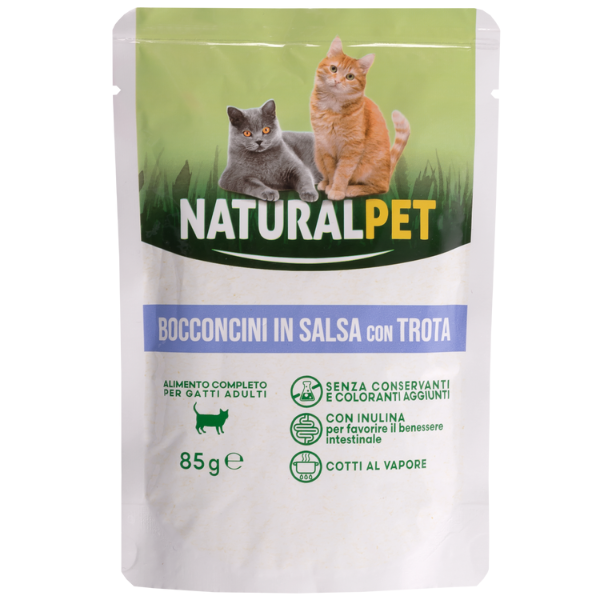 foto del prodotto naturalpet cat adult bocconcini in salsa 85 gr trota confezione da 6 pezzi 1 ordine scegli lo sconto bzr5 bzr20 200 punti fedelt 