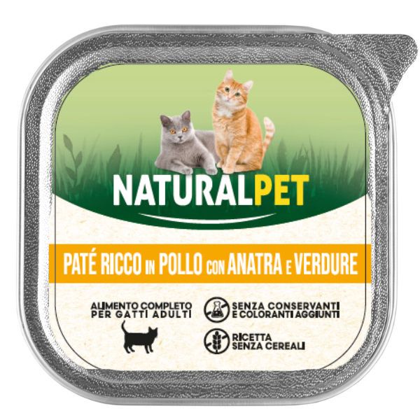 foto del prodotto naturalpet cat adult pat grain free 100 gr anatra, pollo e verdure confezione da 6 pezzi 1 ordine scegli lo sconto bzr5 bzr20 200 punti fedelt 