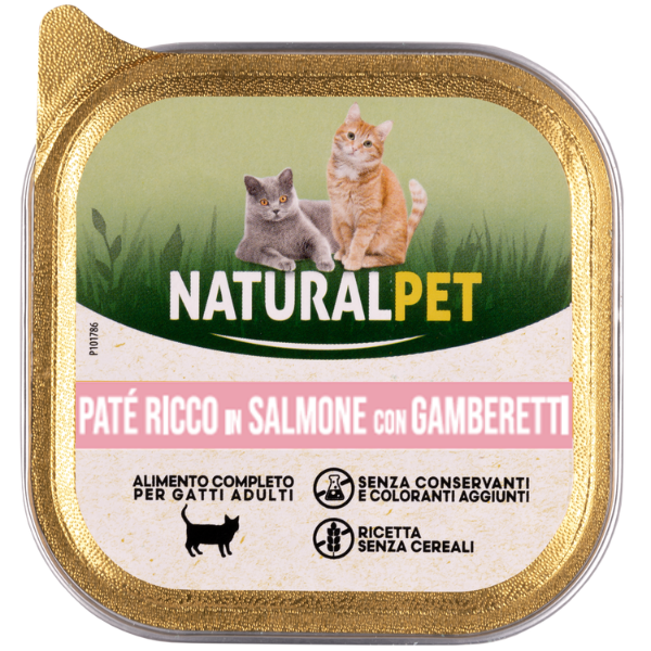 foto del prodotto naturalpet cat adult pat grain free 100 gr salmone e gamberetti confezione da 6 pezzi 1 ordine scegli lo sconto bzr5 bzr20 200 punti fedelt 