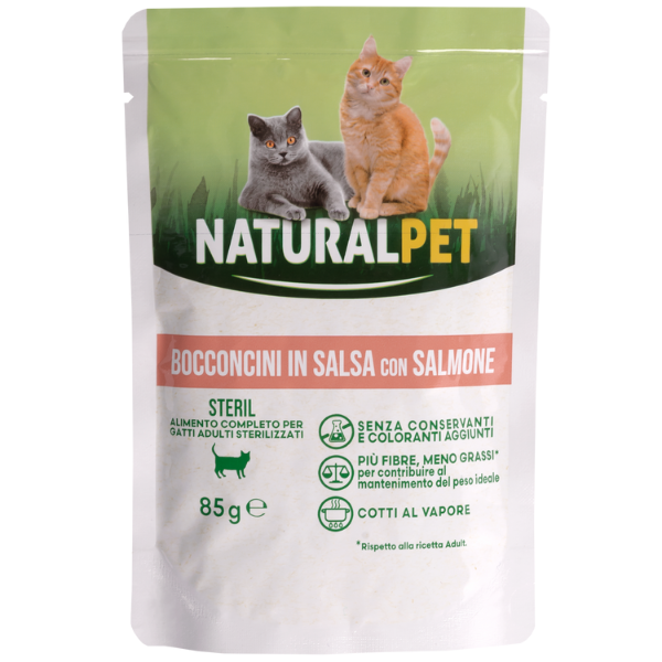 foto del prodotto naturalpet cat adult sterilised bocconcini in salsa 85 gr salmone confezione da 6 pezzi 1 ordine scegli lo sconto bzr5 bzr20 200 punti fedelt 