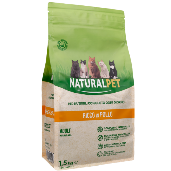 foto del prodotto naturalpet cat hairball pollo 1,5 kg crocchette naturali cane 1 ordine scegli lo sconto bzr5 bzr20 200 punti fedelt 