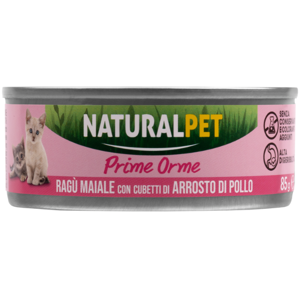 foto del prodotto naturalpet cat kitten rag prime orme 85 gr rag di maiale con cubetti di arrosto di pollo confezione da 6 pezzi 1 ordine scegli lo sconto bzr5 bzr20 200 punti fedelt 