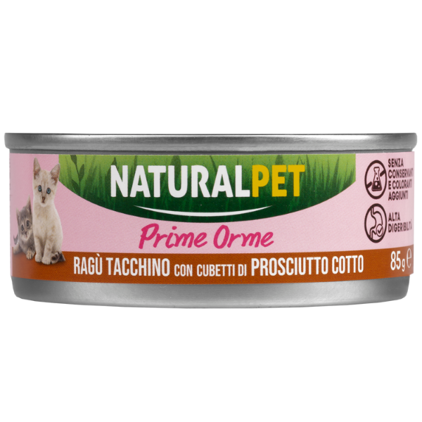 foto del prodotto naturalpet cat kitten rag prime orme 85 gr rag di tacchino con cubetti di prosciutto cotto confezione da 6 pezzi 1 ordine scegli lo sconto bzr5 bzr20 200 punti fedelt 