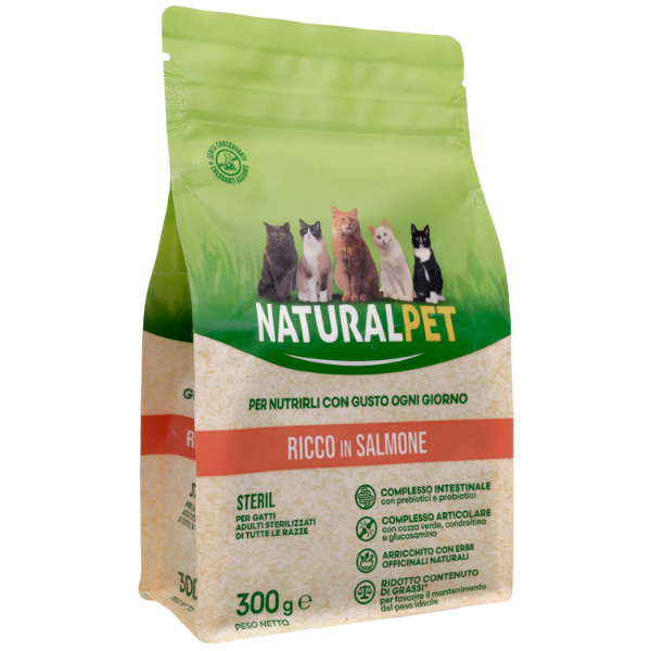 foto del prodotto naturalpet cat sterilised salmone salmone 300 gr crocchette naturali cane 1 ordine scegli lo sconto bzr5 bzr20 200 punti fedelt 